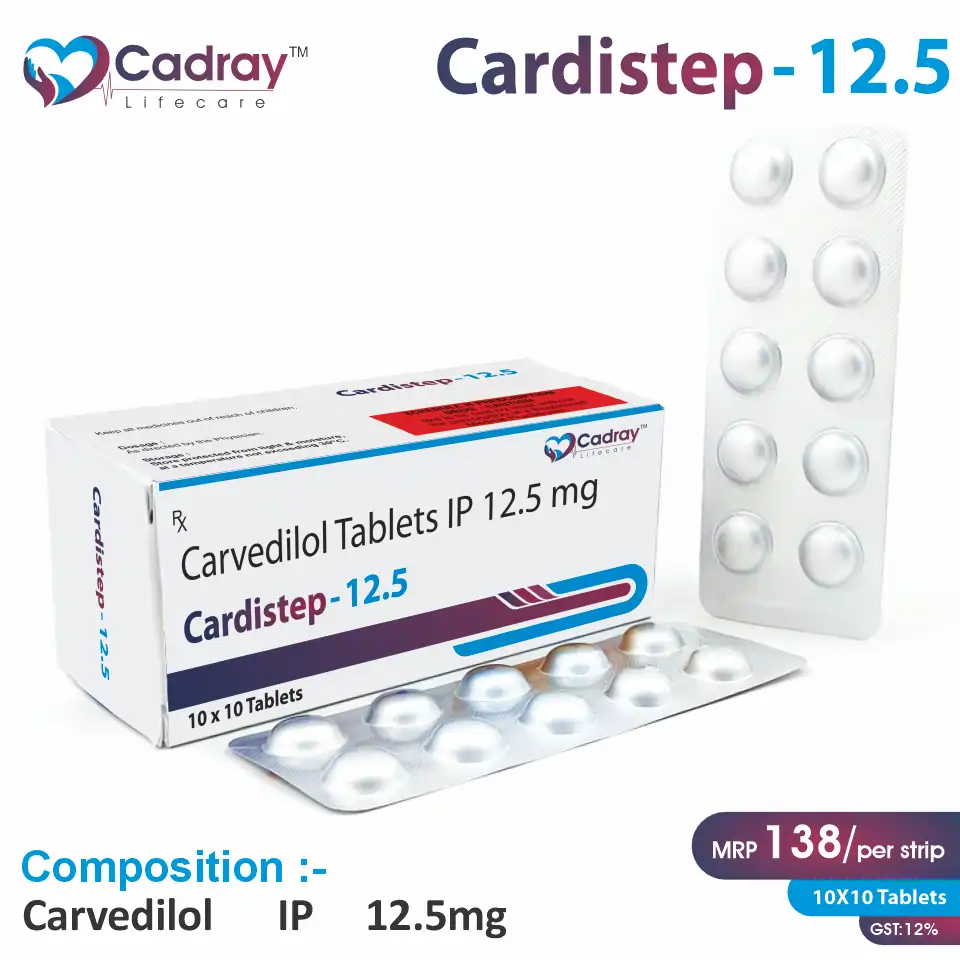 Cardistep 12.5 Tablet with Carvedilol 12.5mg for hypertension & heart failure management. WHO GMP certified, available for PCD pharma franchise at the best price.